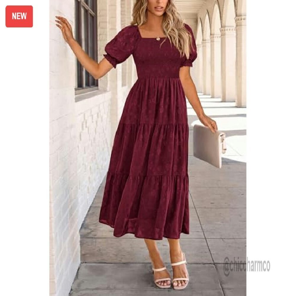 Women's Summer Midi Dress Square Neck Smocked Boho Flowy A-Line - Picture 6 of 8